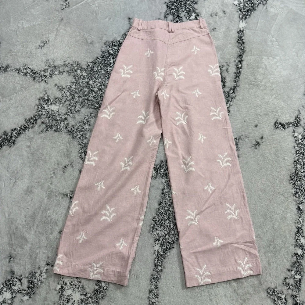Zara Embroidered Wide Leg Pants Womens‎ Size XS Pink Linen Blend Boho Resort